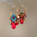 Bohemian silver needle hoop earrings with beige weaving and sky blue flowers - Style 15 Silver Post