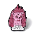 Pin's émaillé chat rose avec icône de lune et bannière 'I'll see you in hell' - Chat See You In Hell