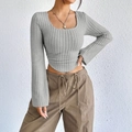 Slim fit grey ribbed knit top with square neck and flared long sleeves for women - S / Gray