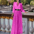 Elegant rose red V-neck long sleeve top and sequin pants set with black belt detail - Rose Red with Belt