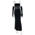 Detailed view of black velvet evening dress with lace waist patchwork and matching gloves - XS / Black