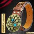 Vintage 38mm brown embossed leather belt with turquoise buckle for women - Antique Bronze 15 Style B / 120cm