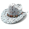 Western cowboy hat with seagull print and ethnic colorful wooden beads on light blue canvas - M(56-58cm) / Flat Top Light Blue