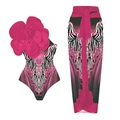 Pink one-piece swimsuit with 3D floral accent and animal print wrap skirt set - Rose Red Print Set