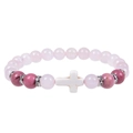 Bracciale in quarzo rosa e rodonite da 8mm con distanziali in zircone argento e croce - Carta di Benedizione (Bless) / Bracciale in Pietra Mogano e Quarzo Rosa