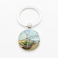 Silver metal keychain with Van Gogh Fishing Boats on the Beach art glass pendant - Silver-Fishing Boats on the Beach