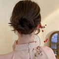 Classic Chinese wood hair stick with red flower and tassel on elegant hairstyle - Hairpin #12 - Black - Red
