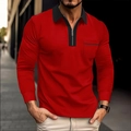 Detail of red long sleeve men's polo shirt with black zipper collar and pocket - S / Red and Black