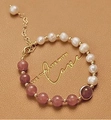 Chic freshwater pearl and pink crystal beaded bracelet with gold heart charm detail - Freshwater Pearl Strawberry Quartz Style