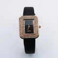 Square quartz watch for women with rose gold rhinestone case and black leather strap - Black