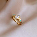 Vintage gold adjustable ring with oval gemstone and turquoise floral metal engraving - Gold Sunflower Turquoise (5#)