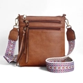 Dettaglio borsa a tracolla marrone in pelle PU con tracolla jacquard e doppie zip tasche - Marrone