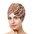 Elegant brown pleated turban for women featuring a 3D flower with pearl center detail - Khaki