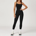 Nauwsluitende zwarte yoga bodysuit met dubbele dunne bandjes en kruislings rugdetail - S / Premium Zwart
