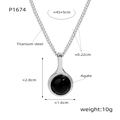 Collier en acier titane argenté avec un pendentif circulaire en agate noire sur blanc - Collier Pendentif Agate Noire Argenté (45+5cm)