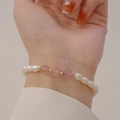 Elegant bracelet with white baroque pearls, pink strawberry quartz and 14K gold beads - Pearl and Strawberry Quartz Bracelet (J-f-029)