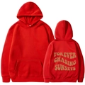 Red hooded sweatshirt with Forever Chasing Sunsets print and front pocket detail - S / Red