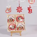 Christmas wooden ornament set with reindeer and snowflake shapes in a wooden storage box - Colorful House & Ball - 12Pcs Box