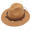 Detailed view of khaki wool felt fedora with ethnic woven band and silver metal charms - Camel