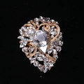 Golden heart-shaped brooch with large pear-cut crystal and sparkling pavé accents - MM-BR-0965 / Gold