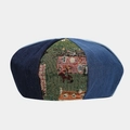 Artistic denim patchwork beret featuring scenic jacquard landscape and vintage design - Denim Patchwork