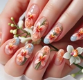 Unghie finte lunghe a ballerina celesti e rosa con pittura floreale 3D decorativa - Stile Dipinto con Fiori Rosso Arancio (AW402) / Colla Gel Nera + Lima Per Unghie