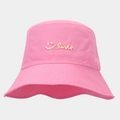 Detail of pink quick-dry sun hat showing mesh fabric and yellow Smile logo print - One Size / Rose Red