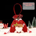 Christmas burlap gift bag with red Santa Claus patch and festive plaid drawstring top - Faux Linen Santa