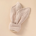Baby teething ring with apricot cotton rabbit ears made of natural wood and soft gauze - Khaki