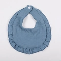 Detailed view of the Morandi blue ruffled muslin baby bib with premium cotton texture - Blue