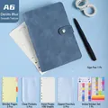 A6 size blue leather binder journal with loose-leaf pockets and zipper bags - A6 Snap Button/100 Sheets / Plain Style-Mysterious Blue