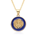 Close-up of golden religious Virgin Mary pendant with dark blue enamel detail - Style A008