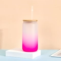 Sublimation 12oz gefrostetes Glas in Rosa-Farbverlauf mit Bambusdeckel und Strohhalm - 16OZ Einschichtig Rose Rot Farbverlauf