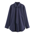 Camisa de mujer en popelina azul oscuro de manga larga con corbata a juego - Azul marino / XS
