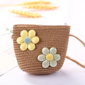 Cute kids brown straw bucket bag with glitter flower decor and braided strap - Sequin 2 Flowers / Brown