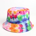 Detailed view of colorful tie-dye bucket hat with parallel stitching on the brim - Rainbow