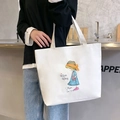 White canvas tote bag with cartoon girl and cat illustration for women and students - White Straw Hat Girl