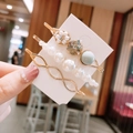 Golden hair clip set with white pearls and gemstones on a white card display - A116-01# Blue Pearl 3-Piece Set