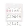 Silver earring set with 9 pairs featuring pink butterfly and heart charms on white card - Silver White (1153)