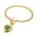 Bracelet coeur doré en acier inoxydable avec pierre verte et gravures détaillées - Bracelet en Or avec Pierre Oeil de Chat Verte (KB113938-Z)