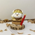 Handcrafted wooden polar bear figurine with pilot hat and scarf on a wood base - Monkey King