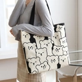 Canvas tote bag with black and white cartoon bear patterns and black shoulder straps - Cute Bear - Black