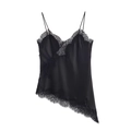 Women's black satin camisole top with delicate lace trim and asymmetrical hem - S / Black