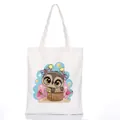 White canvas tote bag featuring a cute cartoon owl print with pink bow decoration - Style C7 / No Zipper No Inner Pocket