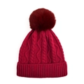 Macro detail of wine red cable knit texture and faux fur pom-pom on winter hat - Wine Red - Adult Single Pom-pom Style
