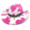 Pink and white cow print plush cowboy hat with ethnic braided band and leaf charms - M (56-58cm) / Straight Crown Rose Red