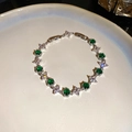 Silver bracelet with emerald green hexagonal zircon and floral crystals in a dish - 81# Silver Green Hexagon Elegant Style