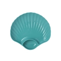 Teal shell-shaped serving platter with two compartments and gold-trimmed edge detail - Aden Green-Shell Plate