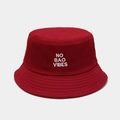 Detail of red cotton bucket hat with white 'NO BAO VIBES' embroidery and reinforced stitching - M (56-58cm) / Burgundy