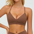Soutien-gorge de sport marron foncé col en V avec bretelles fines pour fitness et yoga - S / Café